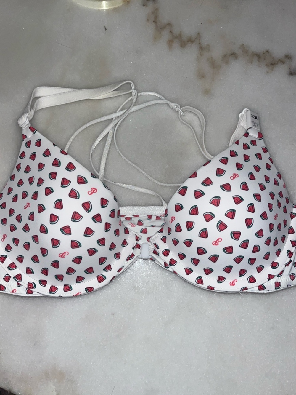 PINK Victoria's Secret White Push-Up Bra with Red Watermelon Print